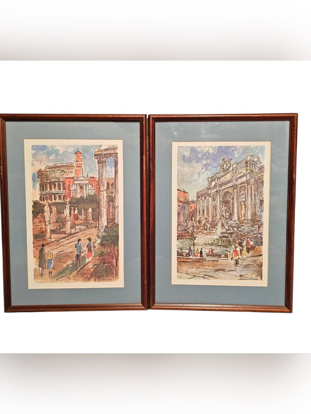 Framed ltalian Prints 'Roma' and 'Fontana De Trevi' By Artist A. Bernardon